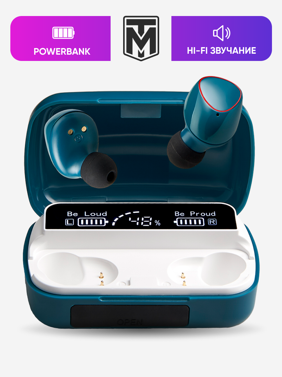 Беспроводные блютуз наушники с микрофоном TWS bluetooth 5.1 сенсорные М10 с функцией Power Bank игровые / на iPhone Android ( зеленый )