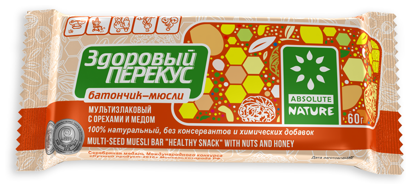 Злаковый батончик Absolute NATURE Здоровый перекус с орехами и мёдом