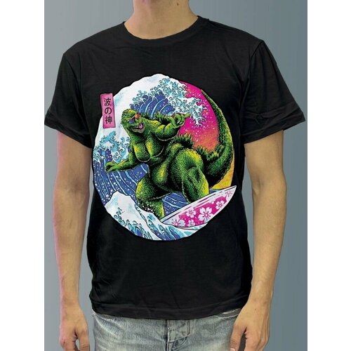 фото Футболка мужская черная из хлопка с dtf рисунком динозавры - 3635 будь на стиле