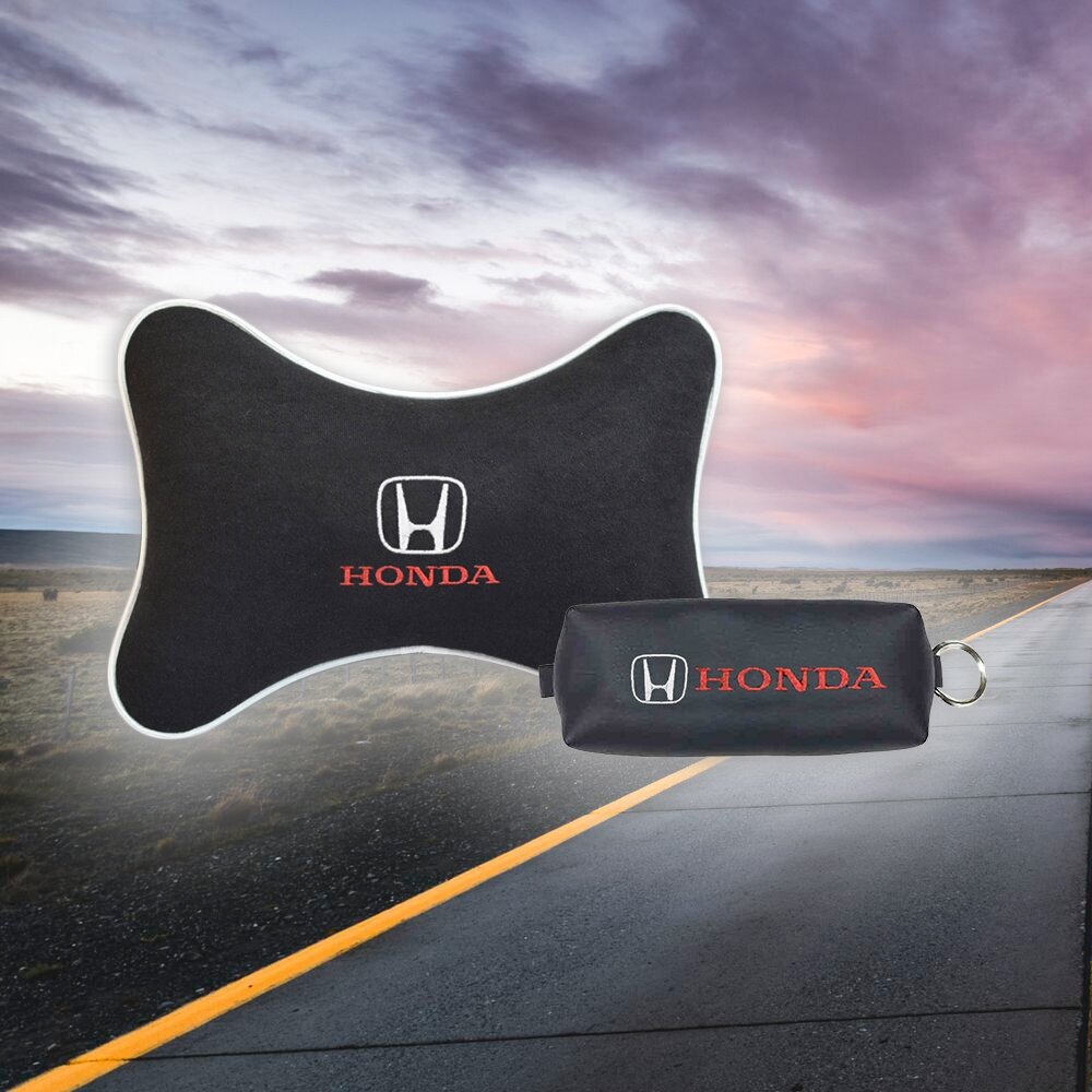 Подарочный набор автомобилиста из черного велюра для Honda (хонда) (подушка под шею на подголовник и ключница)