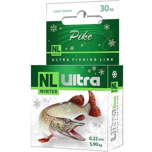 Леска зимняя для рыбалки AQUA NL ULTRA PIKE (Щука) 30m 0,22mm, цвет - светло-зеленый, test - 5,90kg ( 1 штука )
