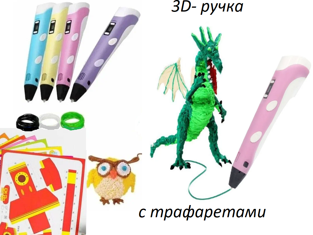 3D-ручка с набором пластика и трафаретами / 3DPEN-3 с USB - кабелем / Набор для творчества для мальчиков и девочек / розовая