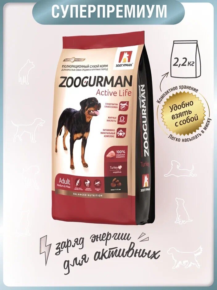 Полнорационный сухой корм для собак Зоогурман, для собак средних и крупных пород Active Life, Индейка/Turkey 2,2кг