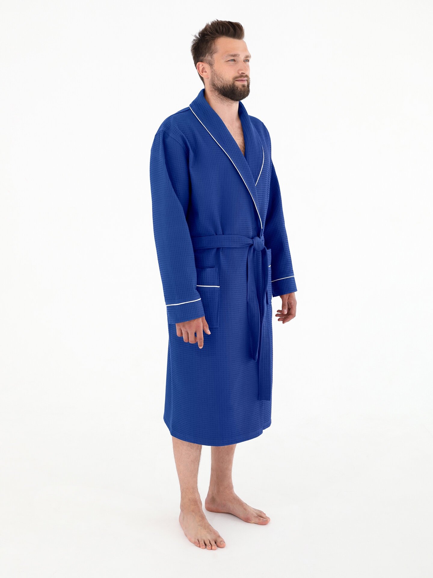Халат вафельный мужской шалька+кант, цвет синий, разм.54 - фотография № 2