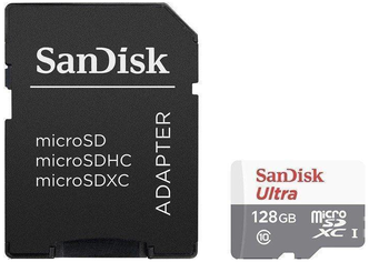 Карта памяти SanDisk Ultra microSDXC Class 10 UHS-I 100MB/s 128 GB, чтение: 100 MB/s, запись: 10 MB/s, адаптер на SD