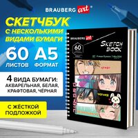 Скетчбук, 4 вида бумаги (акварельная, белая, черная, крафт) 145х205мм, 60л, гребень, Brauberg Art, 115066