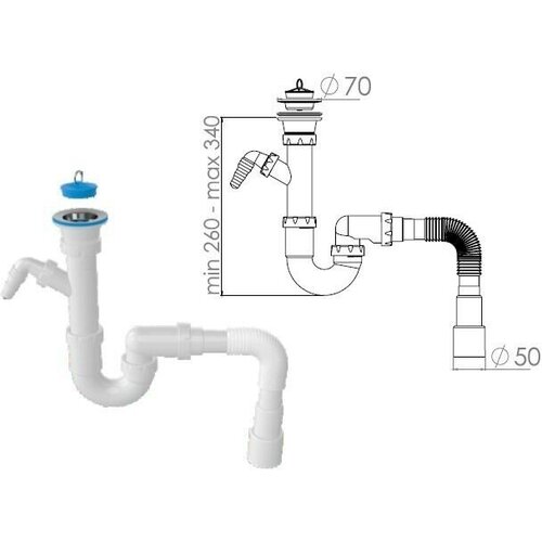 Сифон для кухни прямоточный с выпуском 70 мм с гибкой трубой 1 1/2 - 40/50 мм AV ENGINEERING (AVE129762)