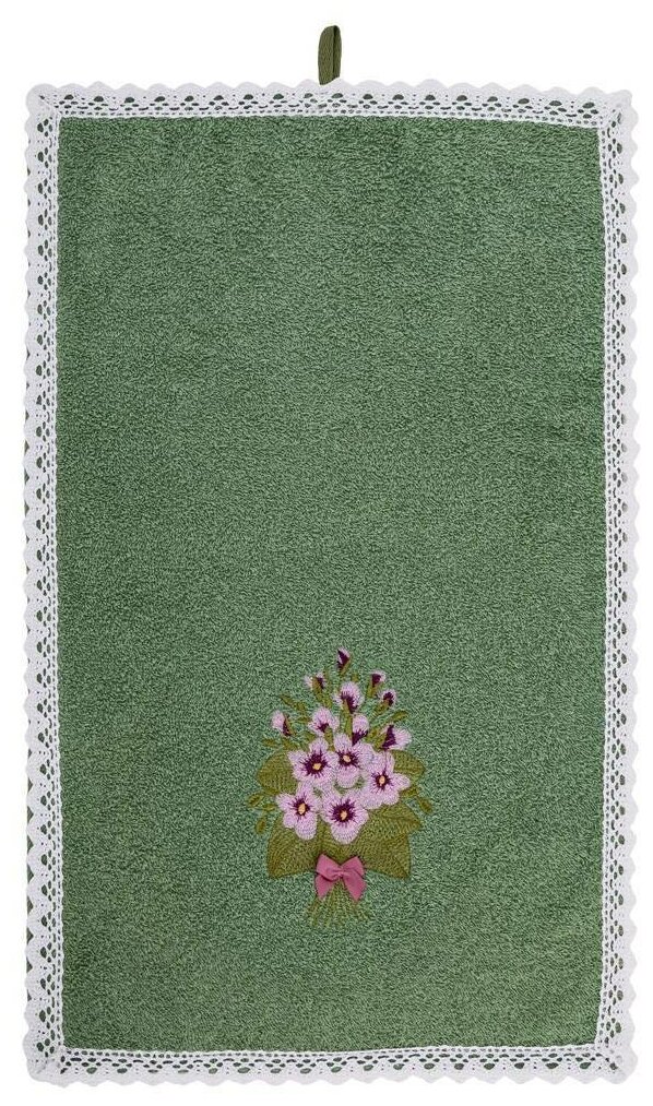 Полотенце фиалка ,30х50. махра,зелёный ,вышивка, кружево Santalino (850-331-21) - фотография № 2