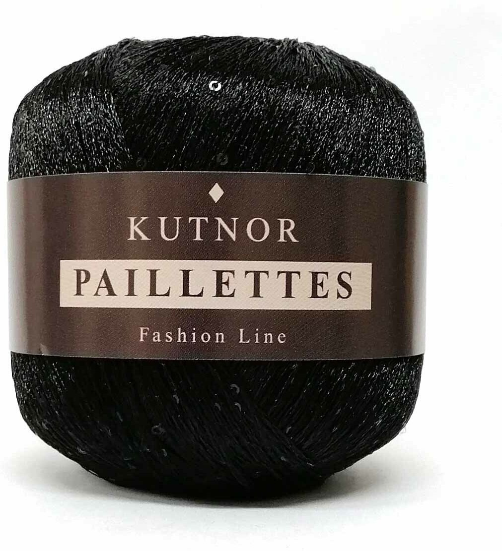 Пряжа с пайетками для вязания Paillettes, цвет №49 черный пайетки черные, 50гр/360м, 100% полиэстер.