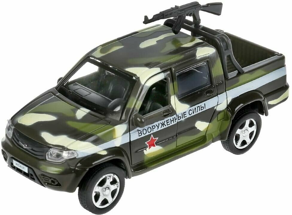 Машинка металлическая ТехноПарк Военный УАЗ Pickup с пулеметом 12см PICKUP-12MIL-ARMGN