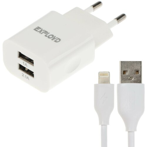 Сетевое зарядное устройство Exployd EX-Z-467, 2 USB, 3.1 А, кабель Lightning, 1 м, белое