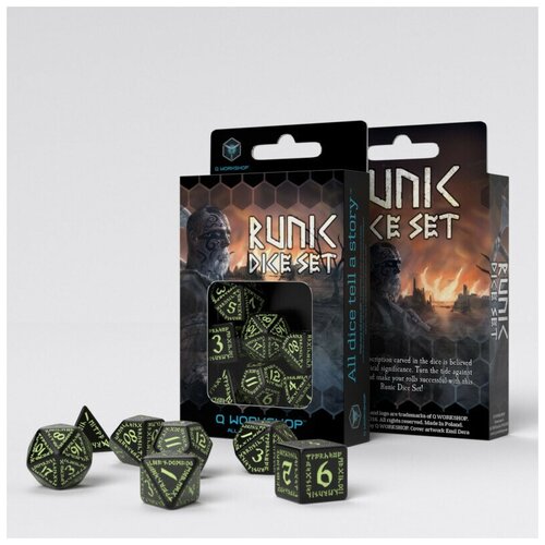 Набор кубиков для настольных ролевых игр (Dungeons and Dragons, DnD, D&D, Pathfinder) - Runic Black & glow-in-the-dark Dice Set