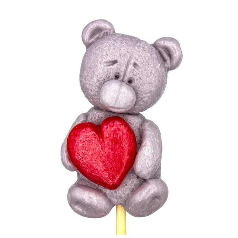 Сладкий подарок - карамель фигурная цветная / чупа чупс на палочке "Мишка с сердцем" серый (ваниль), 3 шт по 45 г - фотография № 2