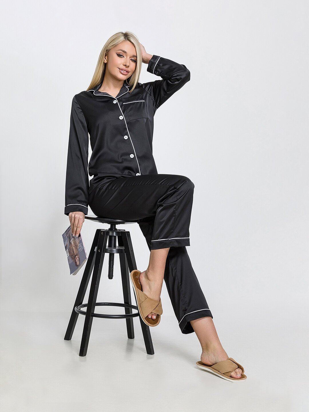 Шелковая пижама женская HappyFox, HFSL2527 размер 50, цвет черный - фотография № 3