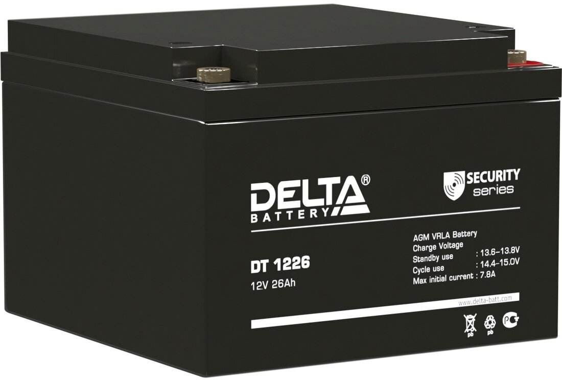 Delta DT 1226 (12V / 26Ah) Батарея DELTA серия DT, DT 1226, напряжение 12В, емкость 26Ач (разряд 20 часов), макс. ток разряда (5 сек.) 390А, макс. ток заряда 7.8А, срок службы 5 лет.