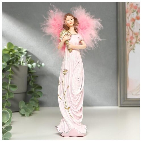 фото Сувенир полистоун "ангел-девушка в розовом платье, с букетом" крылья пух 21,5х5,5х5,7 см 4886445 сима-ленд
