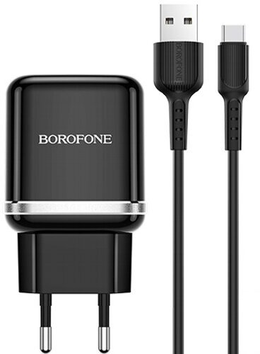 Сетевой адаптер питания Borofone BA36A HighSpeed Black зарядка 3A 18W QuickCharge3 1 USB-порт + кабель USB-C, черный