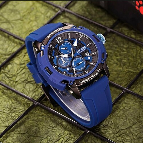 Наручные часы Megir Кварцевые мужские спортивные часы Megir водонепроницаемые с хронографом, черный, синий