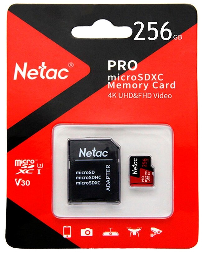 Карта памяти Netac P500 PRO MicroSDXC 256Gb Сlass 10 UHS-I 100MB/s + ADP (NT02P500PRO-256G-R)