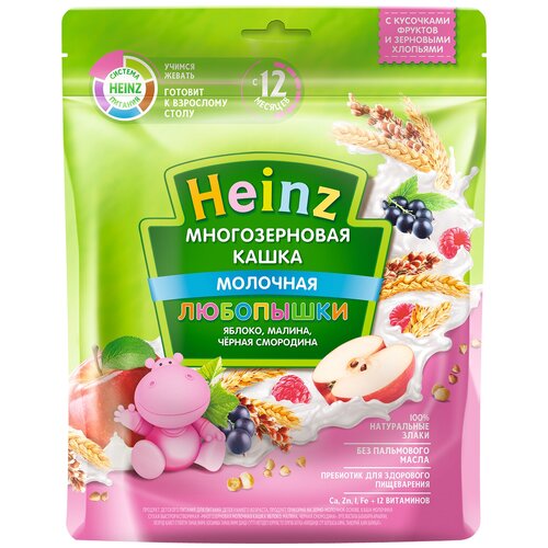 каша молочная heinz хайнц лакомая овсяная с яблоком черникой черной смородиной с 5 мес 170 г Каша Heinz молочная Любопышки многозерновая с яблоком, малиной, черной смородиной, с 12 месяцев