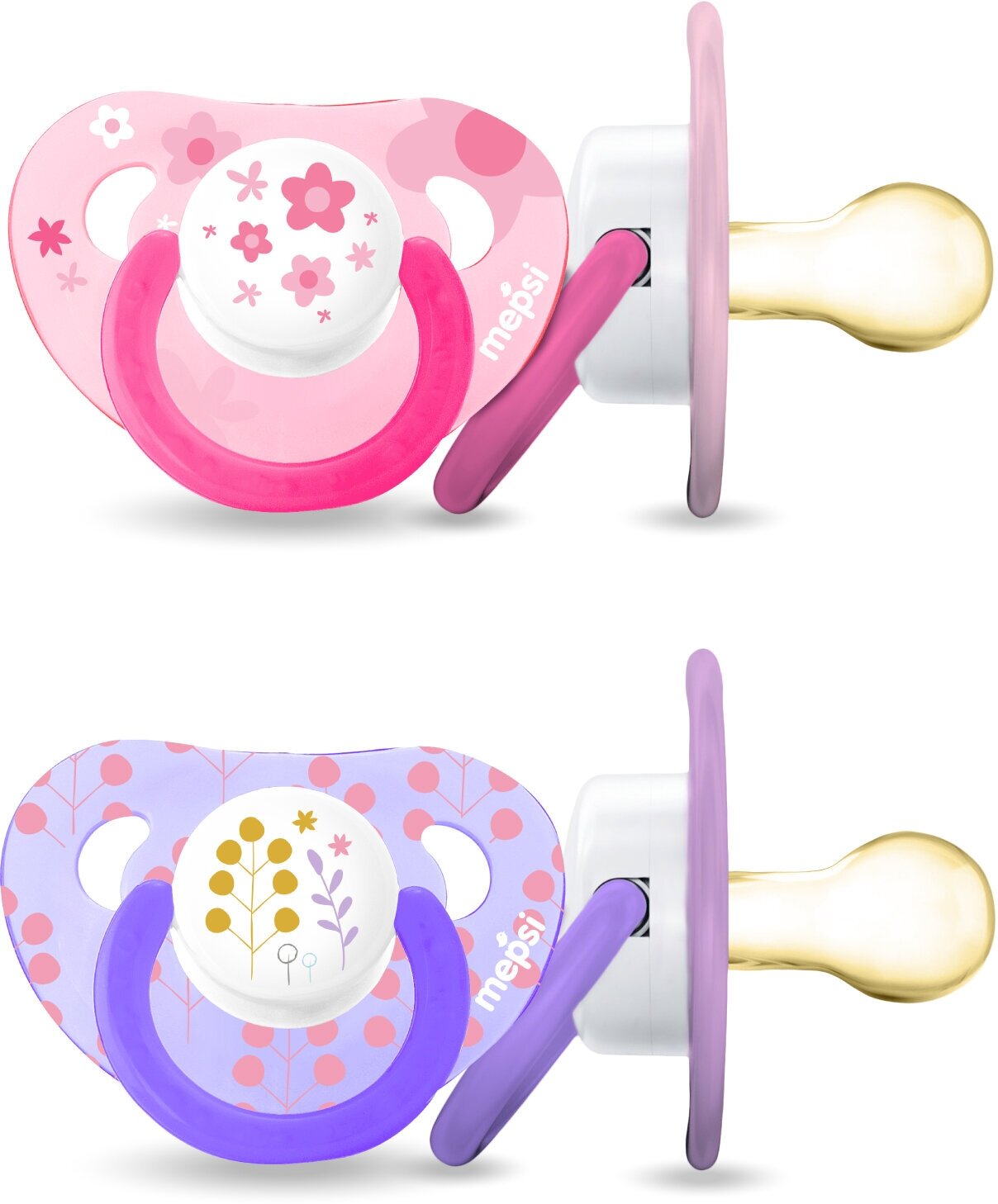 Соска-пустышка латексная классическая Mepsi Цветы, 3+ мес., 2 шт., розовый/фиолетовый, 2 шт.