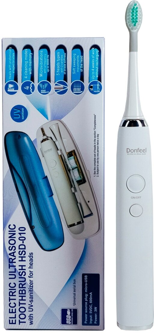 Электрическая зубная щетка Donfeel HSD-010 белая эконом (футляр+2 насадки)