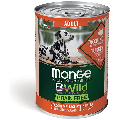 Корм влажный MONGE Dog BWild GRAIN FREE для взрослых собак, из индейки с тыквой и кабачками 400 г