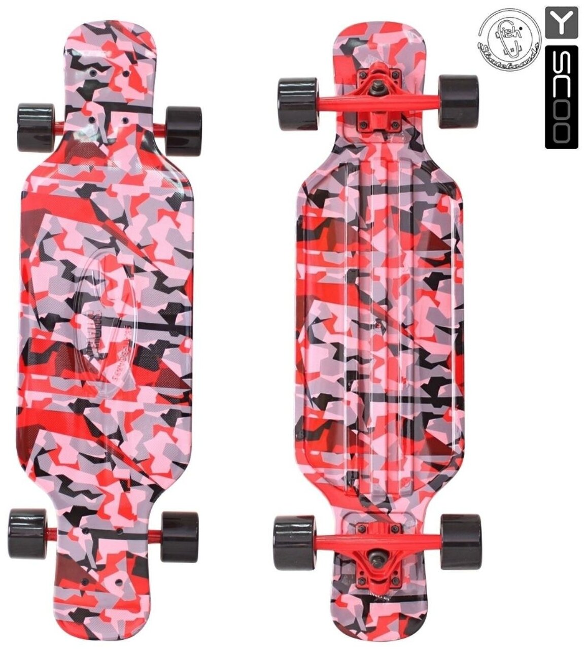 408-Ch Скейтборд Y-SCOO Longboard Shark TIR 31 пластик 79х22 с сумкой CHAOS RED black