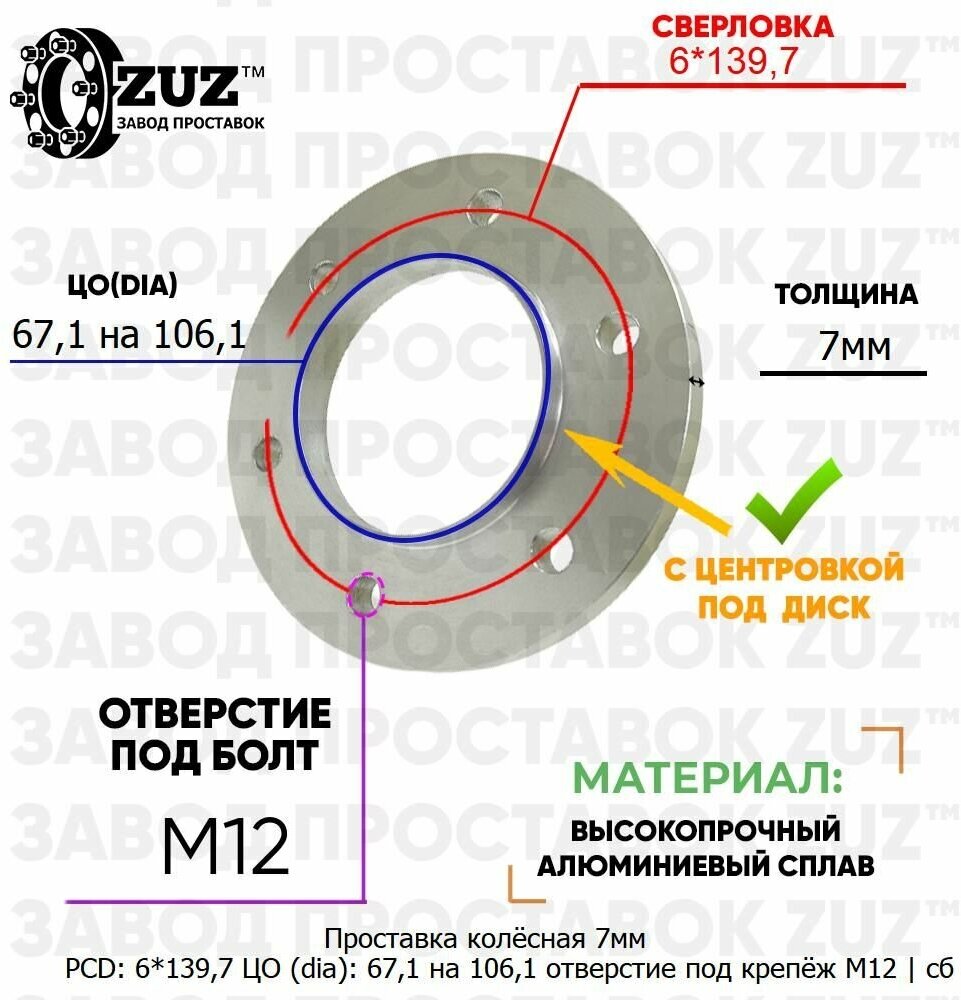Проставка колёсная 7мм 6*139,7 ЦО 67,1 на 106,1 отверстие под крепёж М12 ступичная с бортиком для дисков на ступицу 6x139,7