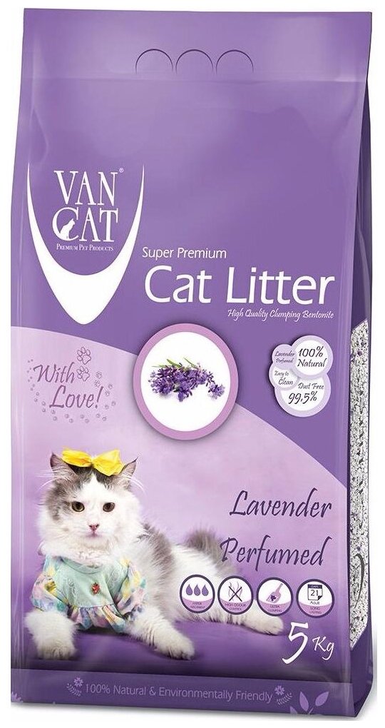 Van Cat Комкующийся наполнитель без пыли с ароматом Лаванды, пакет (Lavender) фиолетовый urn1012, 5 кг - фотография № 1