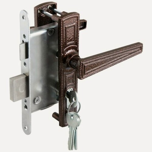 Изображение товара Замок врезной цилиндровый с защёлкой в комплекте с ручкой Зенит (замки) зенит ЗВ4-3.01 (медь), 4 кл.