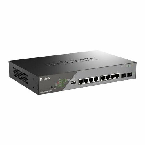 D-Link SMB D-Link DSS-200G-10MP/A1A Настраиваемый L2 коммутатор с 8 портами 10/100/1000Base-T и 2 портами 1000Base-X SFP (8 портов PoE 802.3af/at, PoE-бюджет 130 Вт, дальность до 250 м)