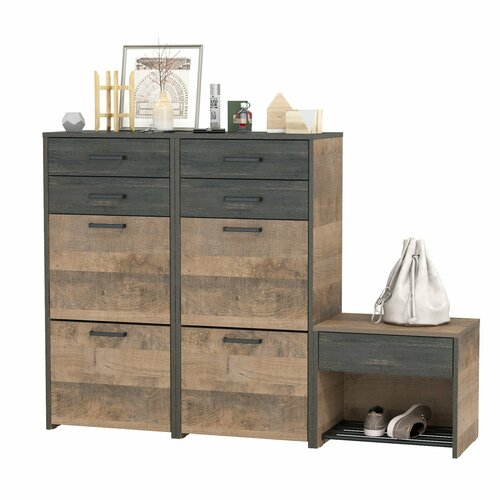 Две больших тумбы для обуви с обувницей малой Трувор, цвет дуб гранж песочный/интра, ШхГхВ 150х37х106,9 см, ун. сб.