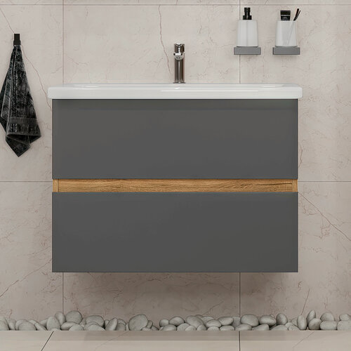 Изображение товара Тумба подвесная SanStar Graffa 80 с раковиной Como 80 (комплект) для ванной комнаты Дуб вотан, графит софт