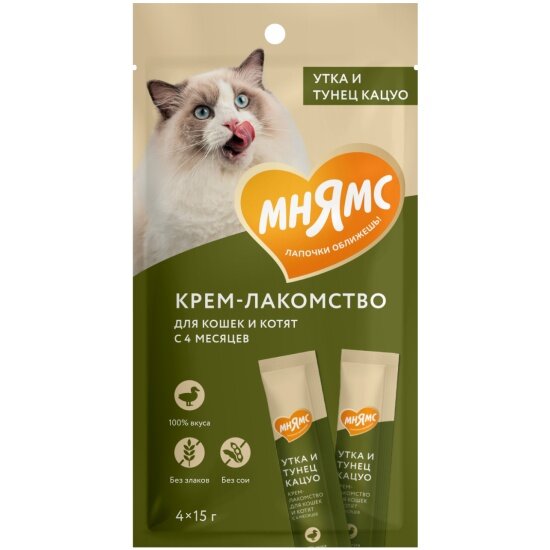 Мнямс крем-лакомство для кошек с уткой и тунцом Кацуо - 4 шт по 15 г