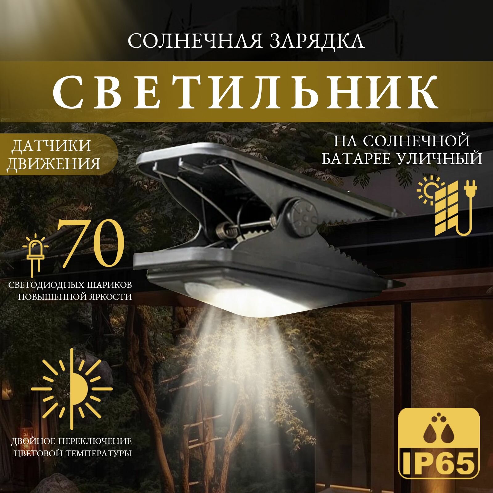 Светильник на солнечной батарее уличный, светодиодов фонарь уличный на прищепке с датчиком движения