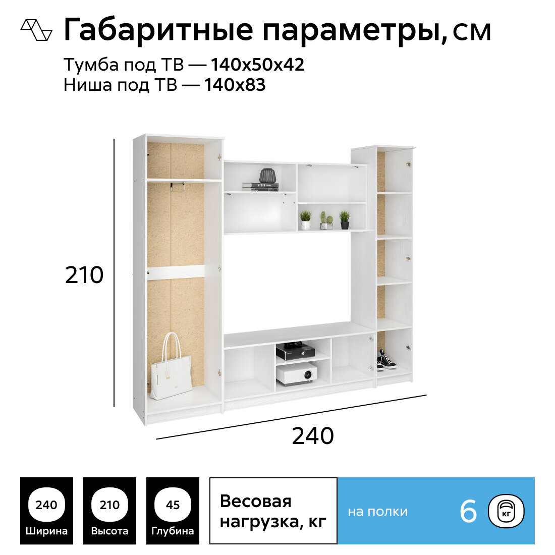 Стенка в гостиную со шкафом Нонтон Герда белое дерево, 240 см — фото 1