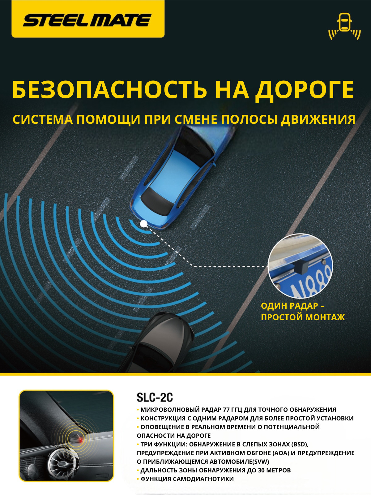 Система контроля слепых зон SteelMate SLC-2C помощи при смене полосы (BSD, AOA, CVW)
