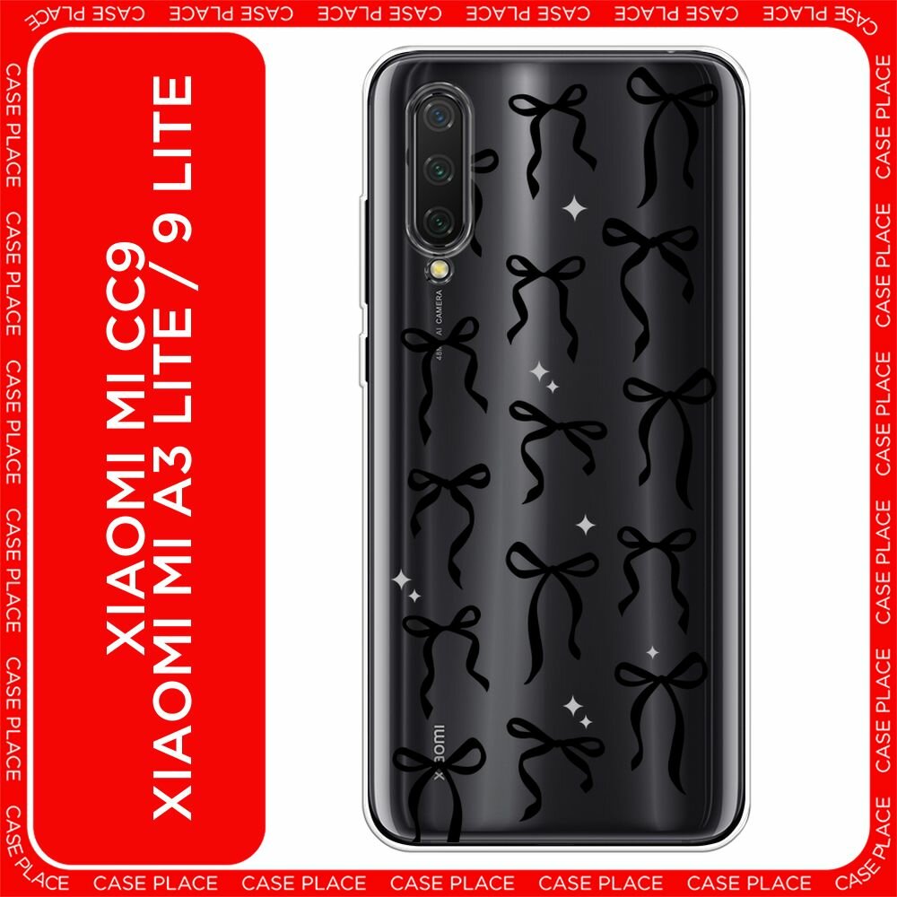 Чехол на Xiaomi Mi CC9/A3 Lite/9 Lite / Сяоми Mi CC9/A3 Lite/9 Lite с принтом "Black bows", прозрачный