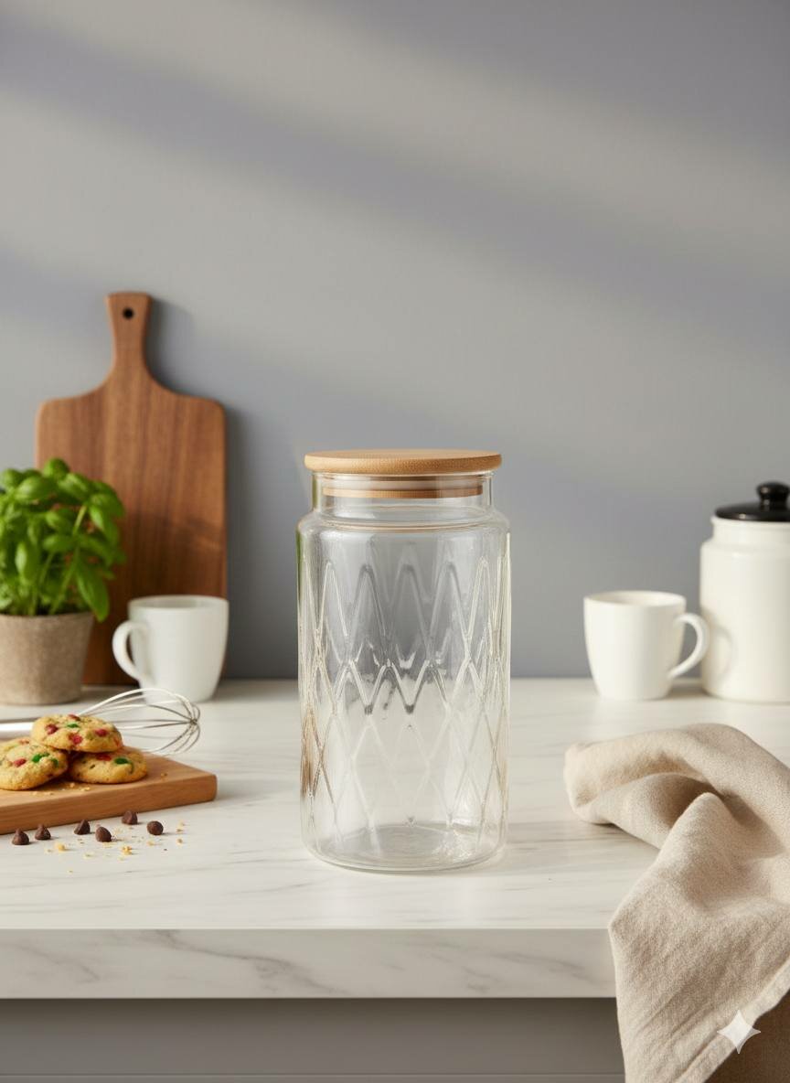 Стеклянная банка для хранения «Ромб» с бамбуковой крышкой из фактурного стекла, объём 1000 мл (X-GL11)