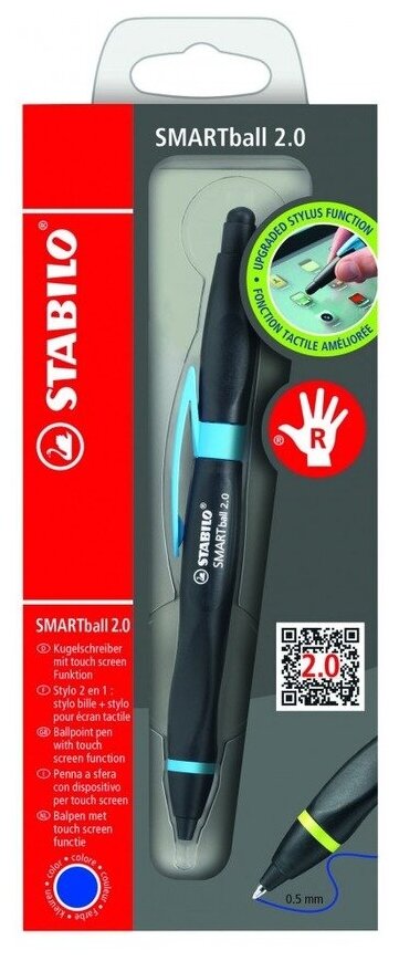 Ручка-стилус STABILO SMARTball 2.0 для правшей, корпус: черный/голубой, цвет чернил синий, 0,5мм