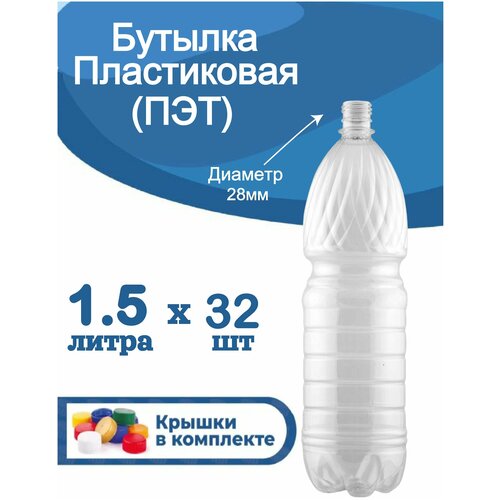 Бутылка пластиковая 1,5 литра ПЭТ, пластиковая тара с крышкой 32 шт,