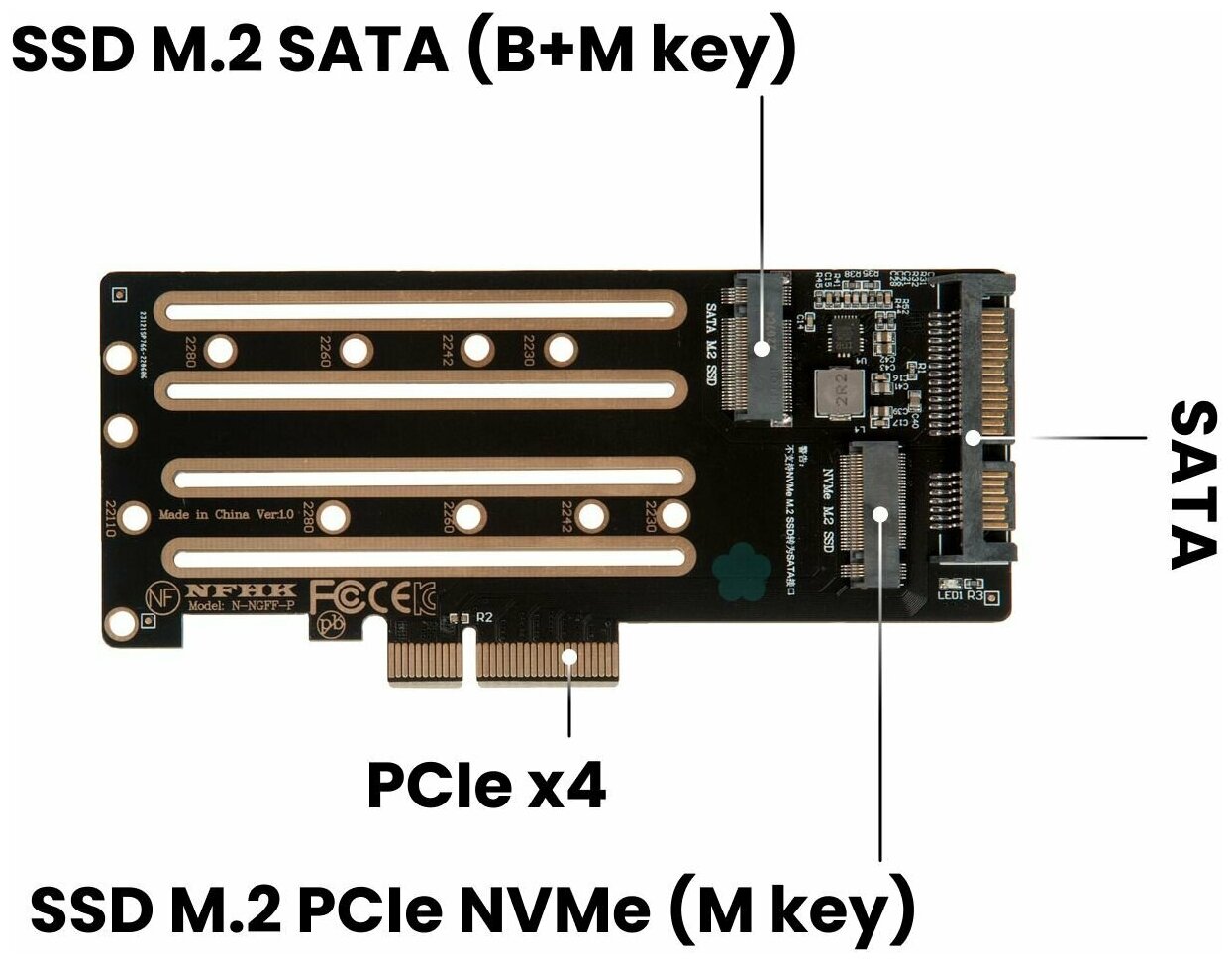 Адаптер-переходник / плата расширения для установки накопителей SSD M.2 SATA (B+M key) в разъем SATA / M.2 PCIe NVMe (M key) в слот PCIe 3.0 x4