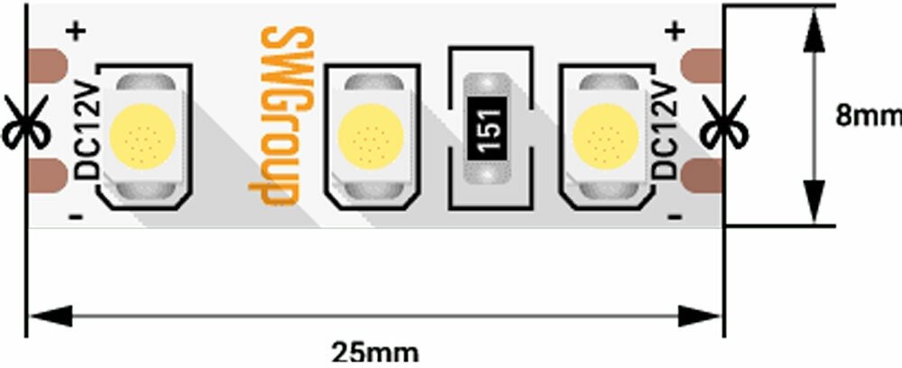 Светодиодная лента SWG "SWG3120-12-9.6-WW-M" 12V IP20 SMD3528 9.6 Вт/м, 400 Лм/м, 120 диодов на 1 метр, ширина 8 мм, цвет теплый белый