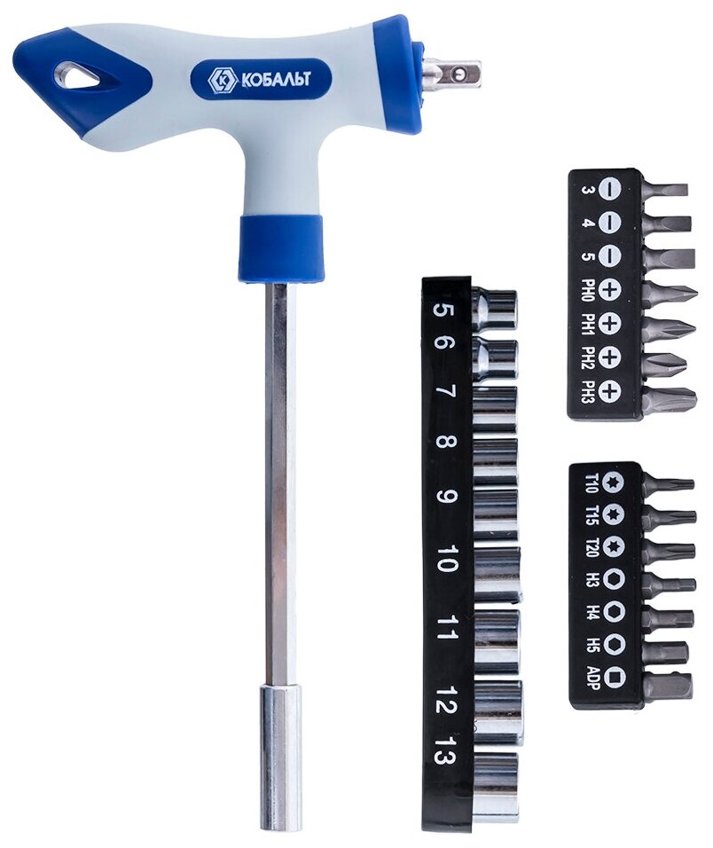 Отвертка рукоятка кобальт Т-образная с набором бит и торцевых головок 1/4", CR-V (24 шт.) (245-473)