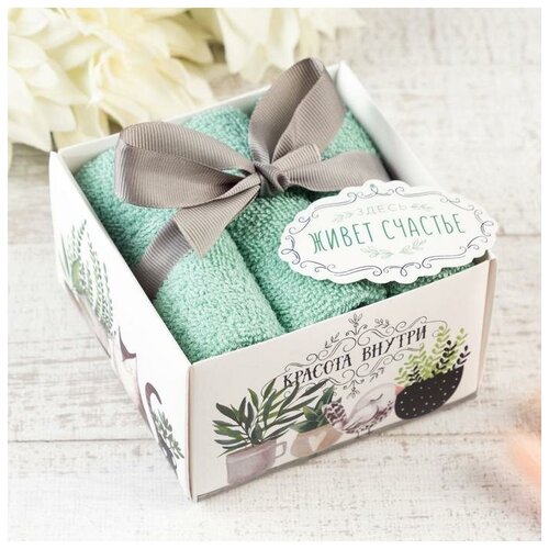 фото Набор махровых полотенец «здесь живет счастье» 30х30 см - 3 шт этель