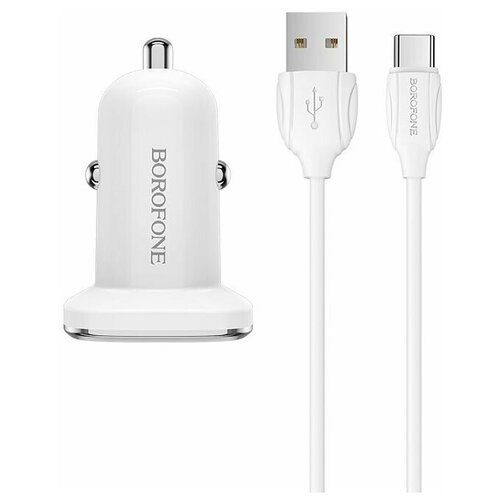 Автомобильное зарядное устройство BOROFONE BZ12 Lasting Power 2xUSB, 2.4A + кабель Type-C, 1м (белый)