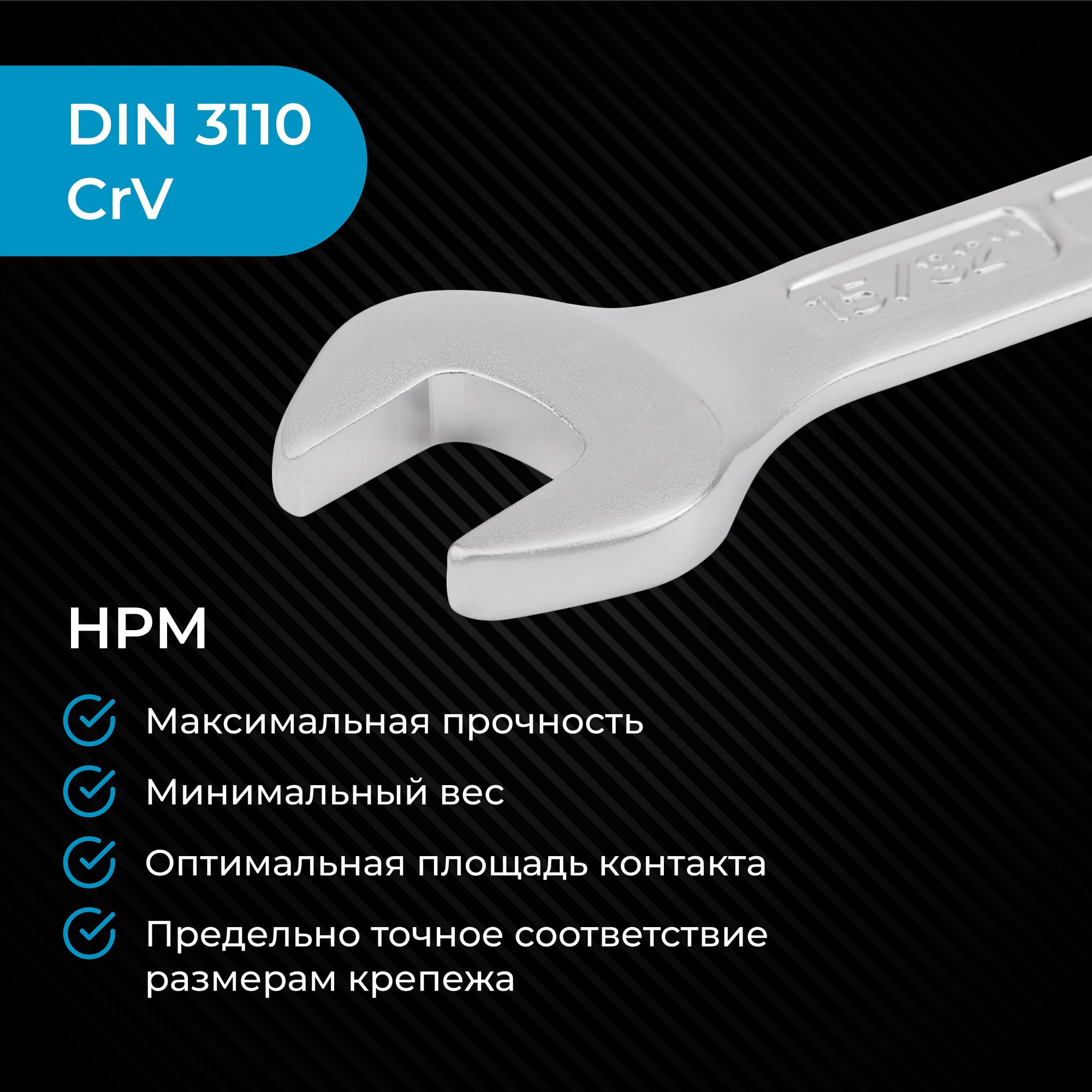 Гаечный ключ NORGAU Industrial дюймовый 15/32", рожковый и накидной профиль, "HРM" High precision machining, 165 мм