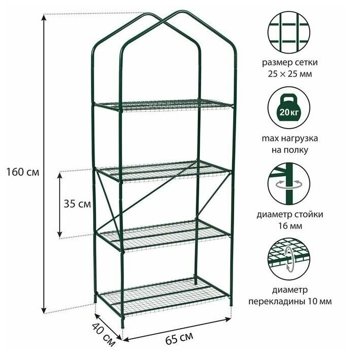 Парник-стеллаж для балкона или подокойника, 4 полки, 160 х 65 х 40 см, металлический каркас d - 16 мм, чехол плёнка 100 мкм - фотография № 2