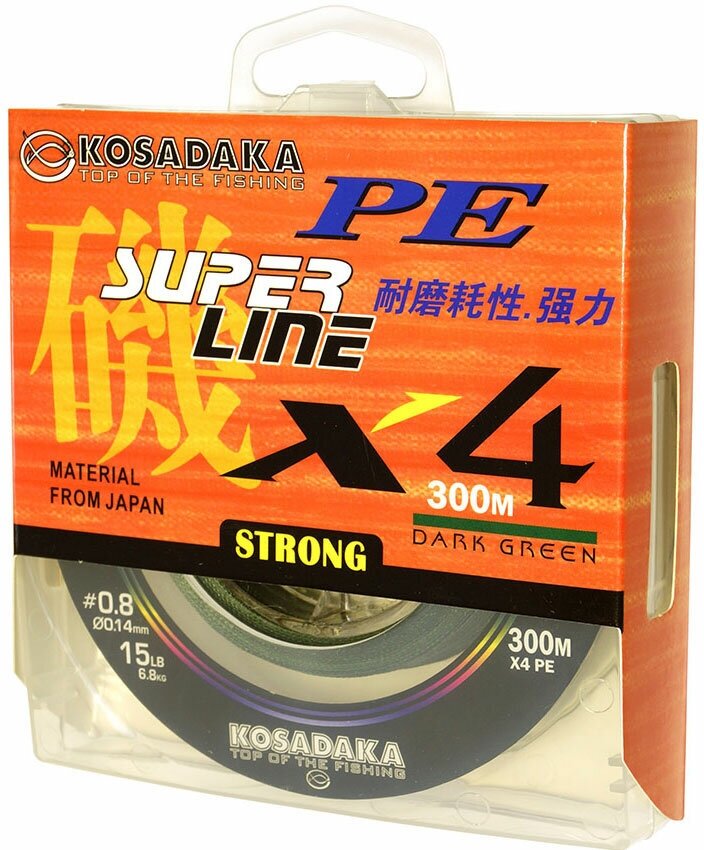 Шнур плетен. Kosadaka "SUPER LINE PE X4" 300м, цв. dark green; 0.30мм; 21.8кг